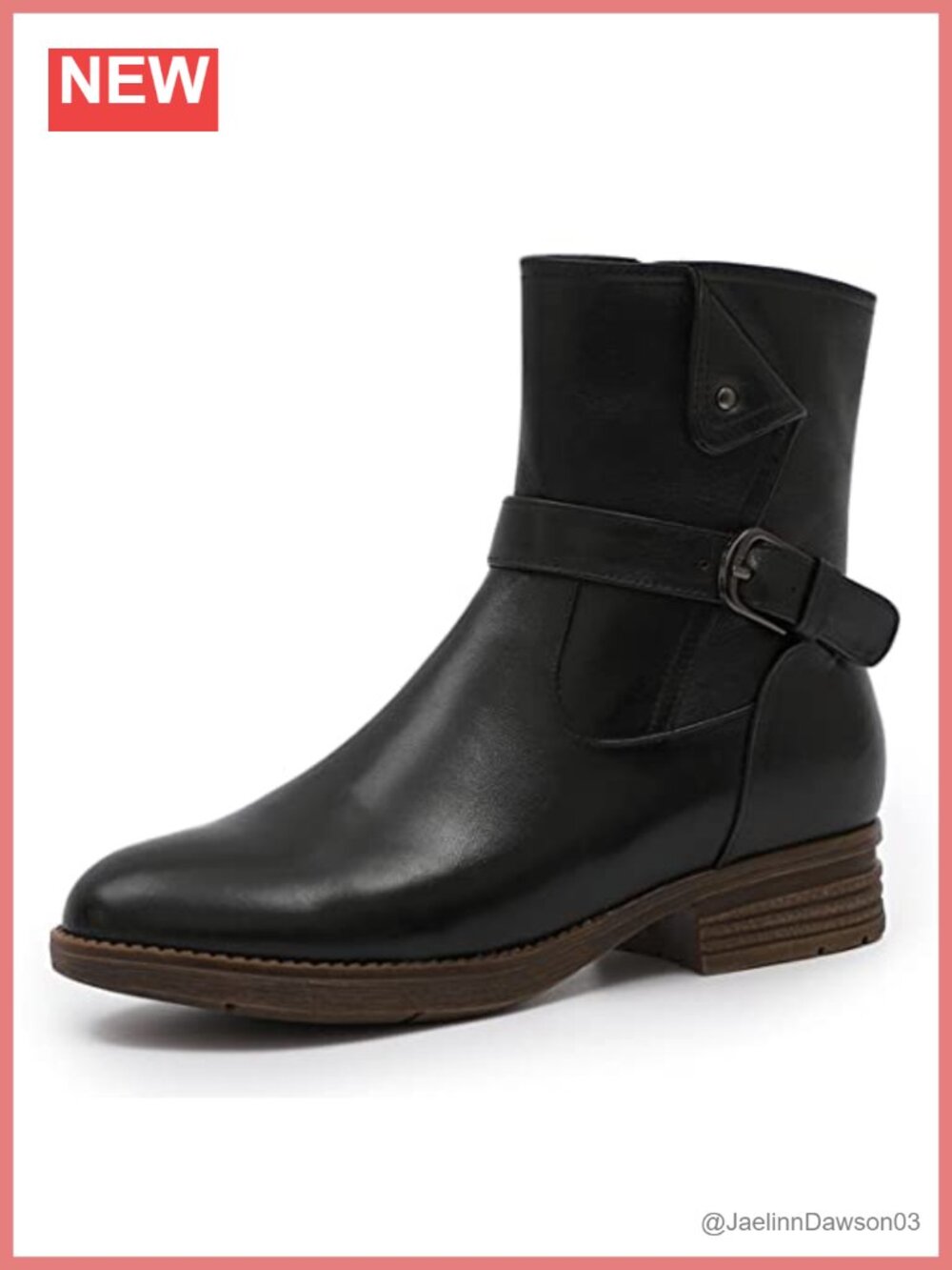 Women's Mid Calf Leather Low Heel Engineer Boots with Buckle Side Zipper